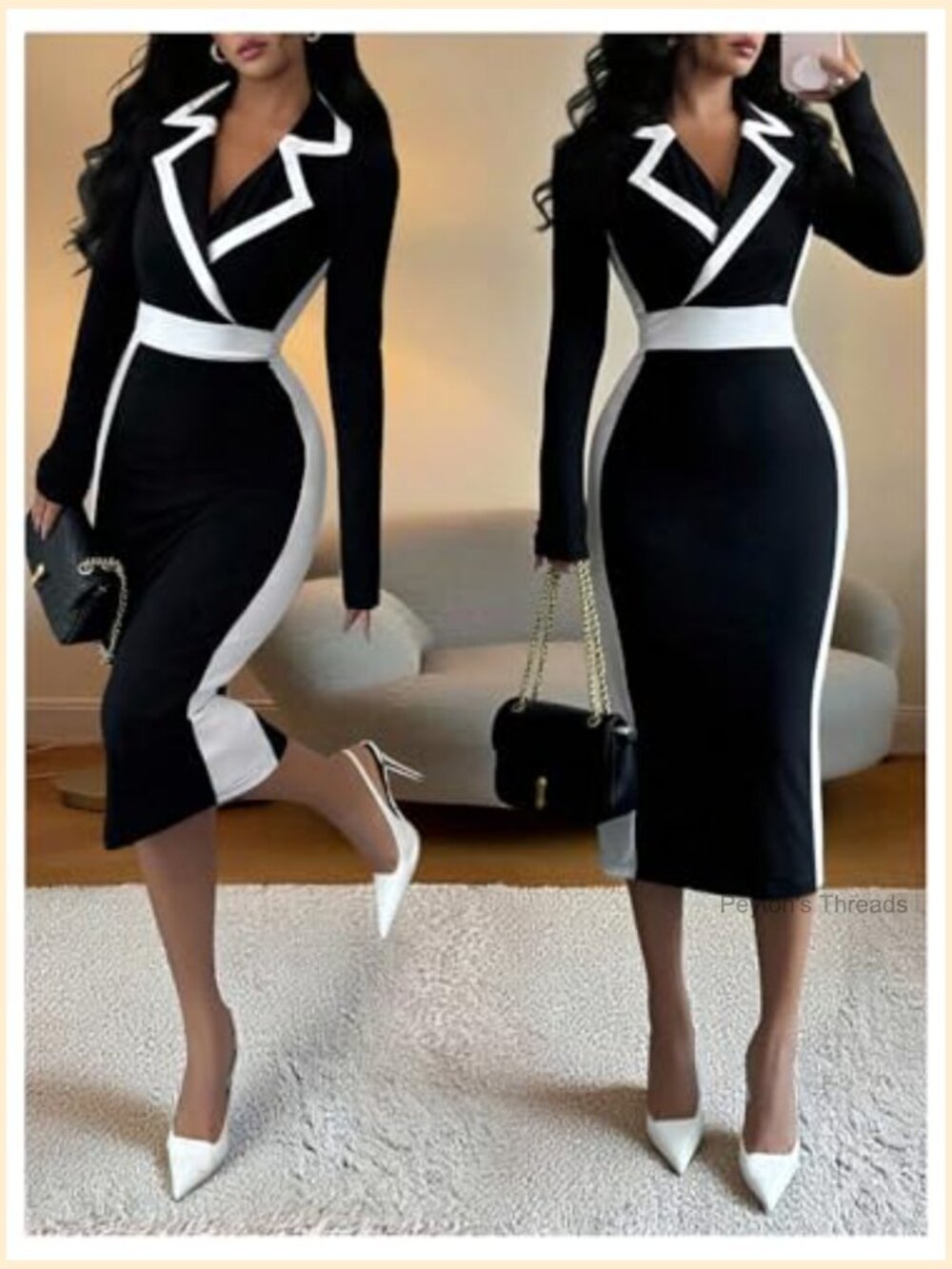Women's Elegant Bodycon Midi Dress Long Sleeve Cocktail - Picture 5 of 5